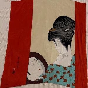 Japanese Ukiyo-e Textile Art • Chirimen Crepe Furoshiki • 100% Rayon • Signed